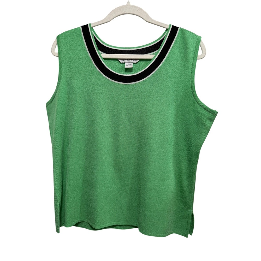Ming Wang Green Sleeveless Knit Shell Top Scoop Neck Striped Trim Large L